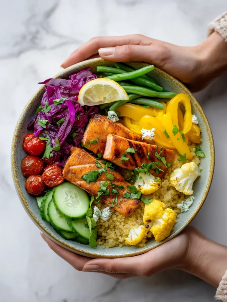 foodiesfeed.com grilled salmon bowl with quinoa and colorful veggies