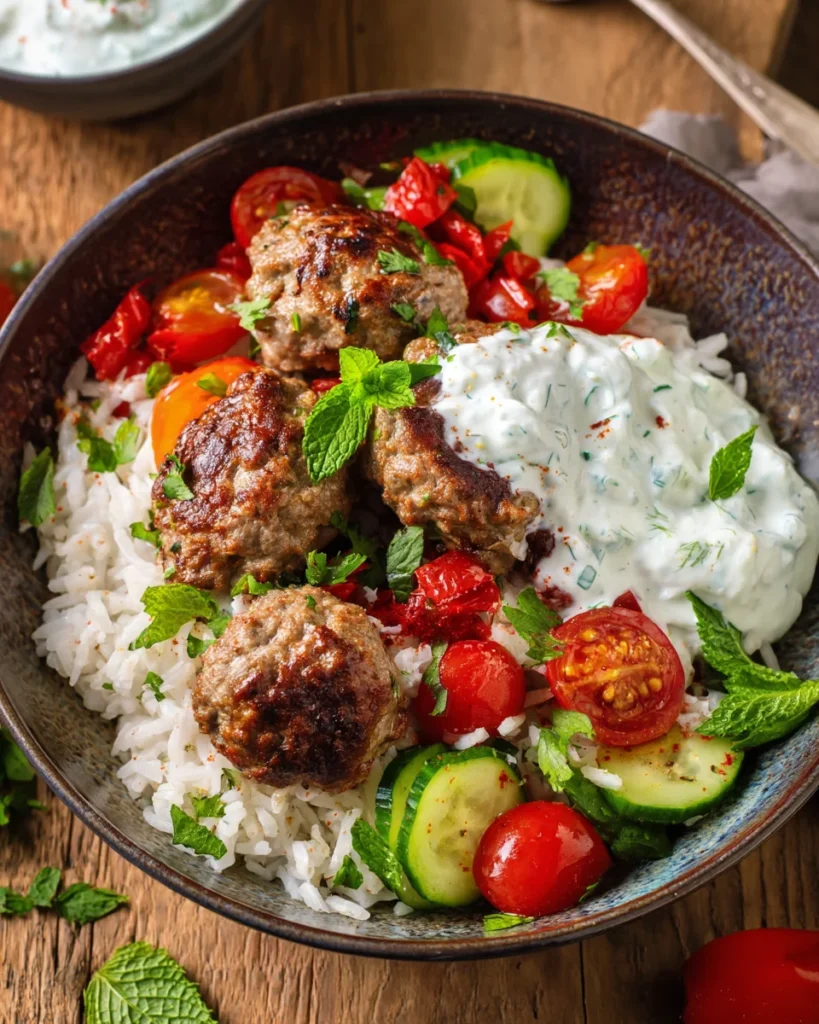 foodiesfeed.com mediterranean meatballs with rice and fresh vegetables