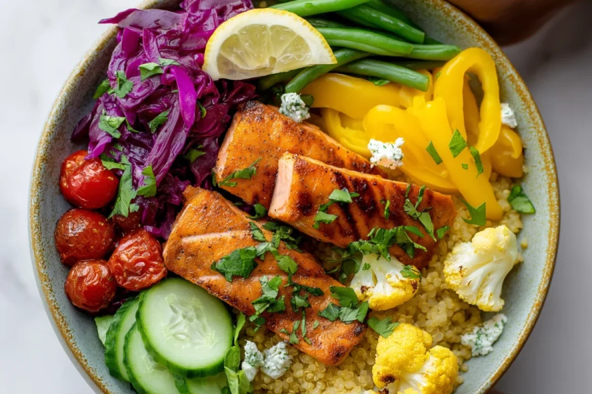 foodiesfeed.com grilled salmon bowl with quinoa and colorful veggies